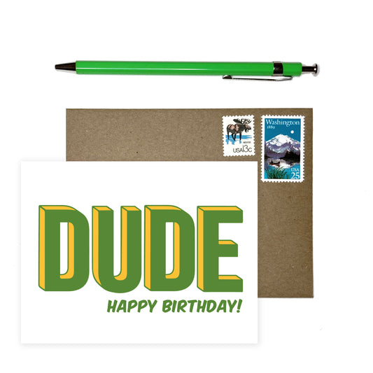 Dude Birthday Card in Green and Yellow