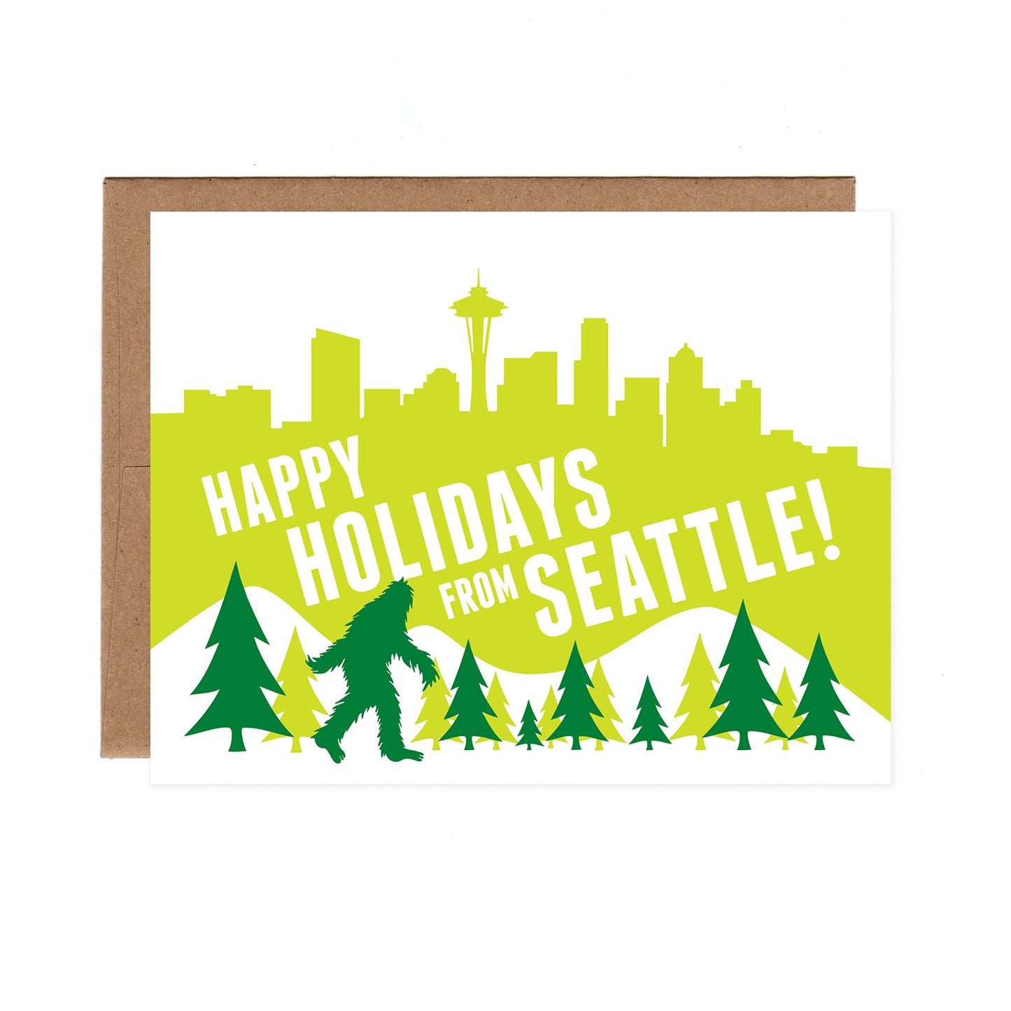 Sasquatch and Seattle Skyline Holiday Cards