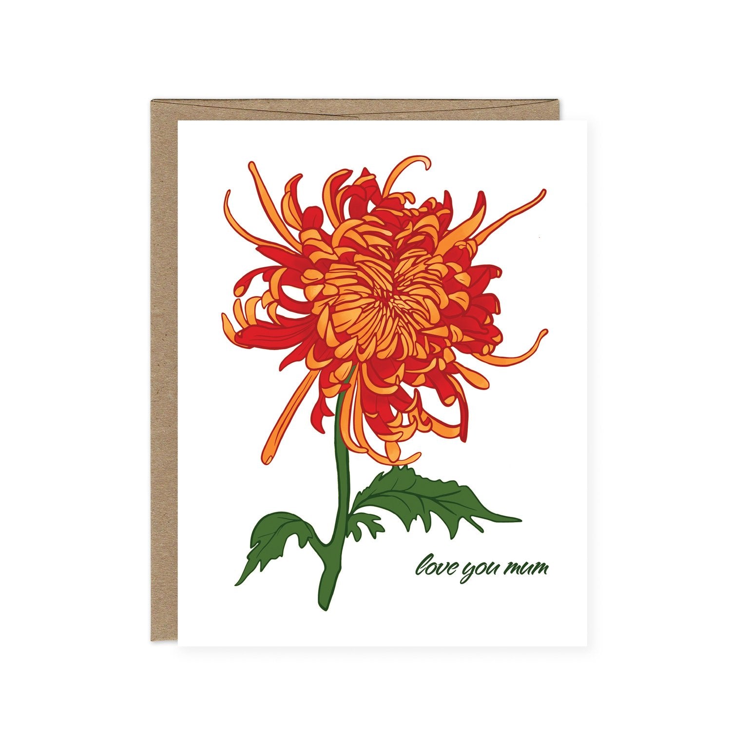 An orange & pink flower on a white card with the words "love you mum" in green