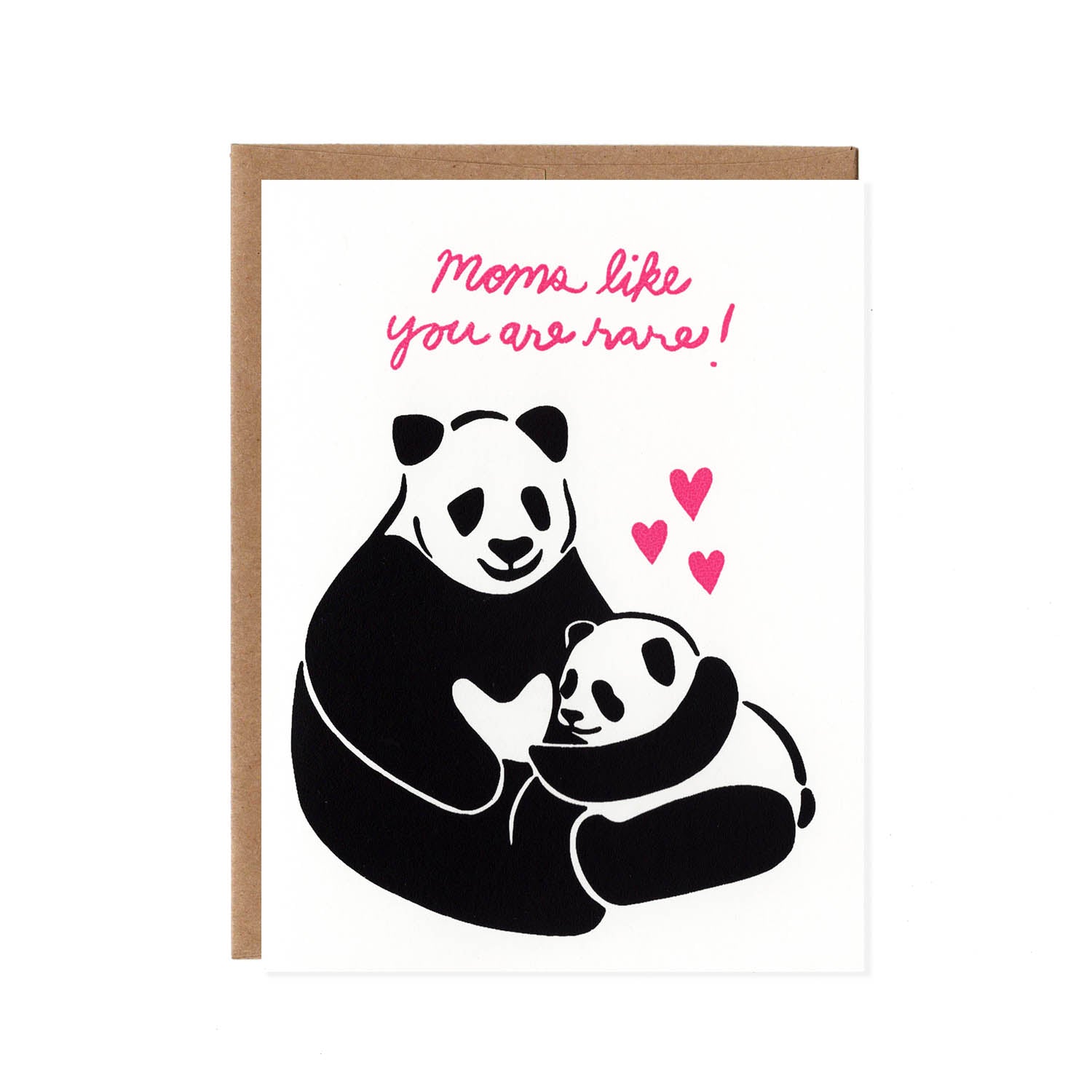 A mama and baby panda snuggle under the pink text "Moms like you are rare!" in a cursive font.