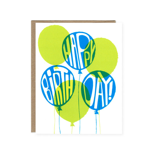 Happy Birthday card with blue & green balloons on a white background