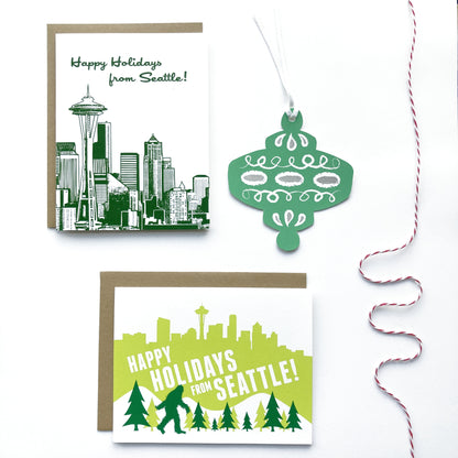 Sasquatch and Seattle Skyline Holiday Cards