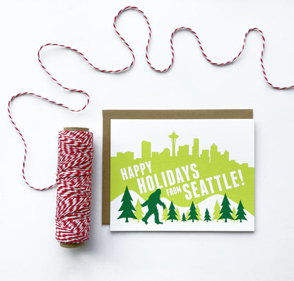 Sasquatch and Seattle Skyline Holiday Cards