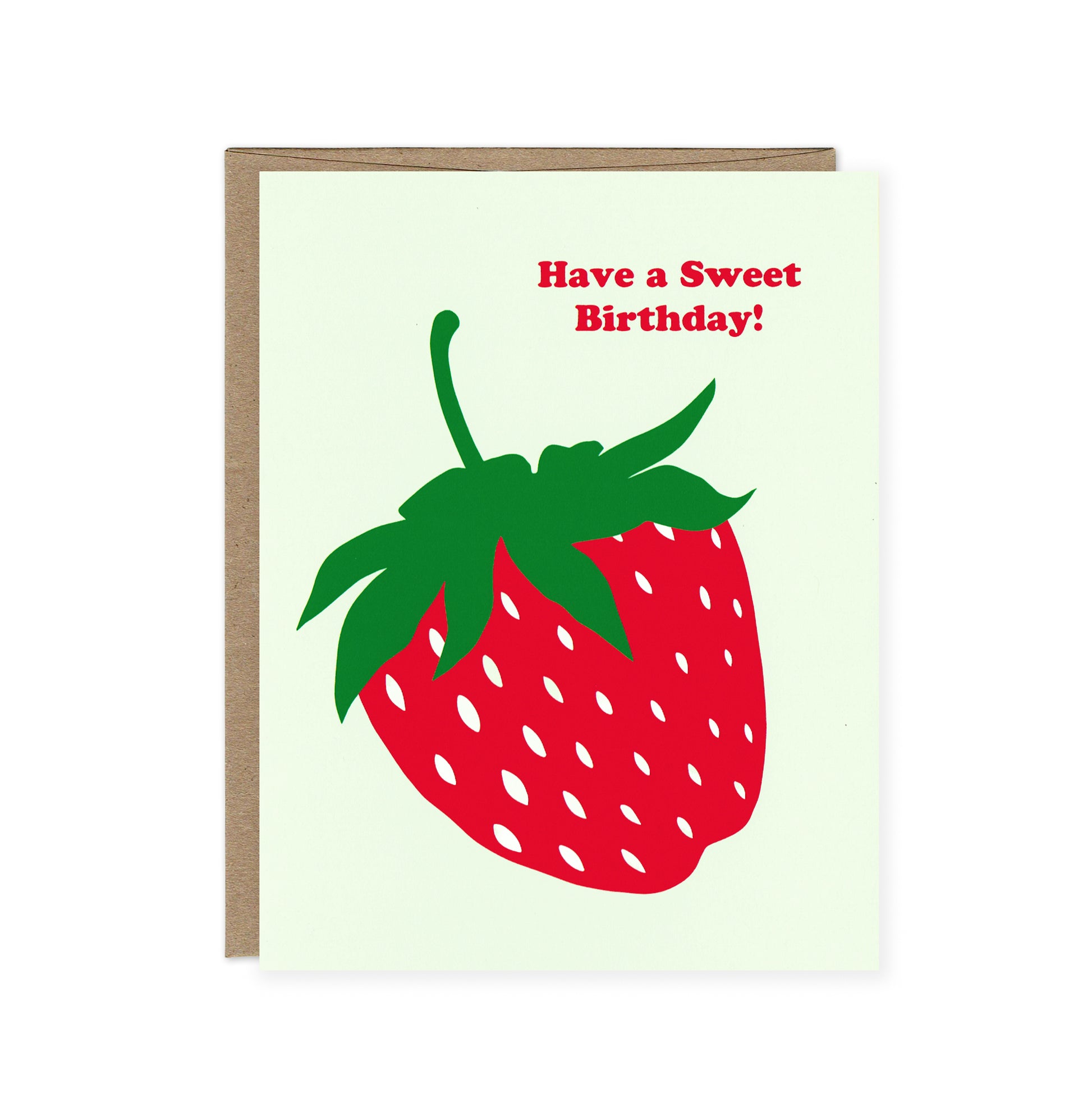 A luscious, red strawberry and the words "Have a Sweet Birthday" sit on a light green background. 