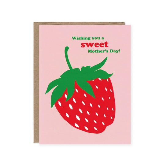 A large strawberry sits atop a pink background with the words "Wishing You a Sweet Mother's Day!"