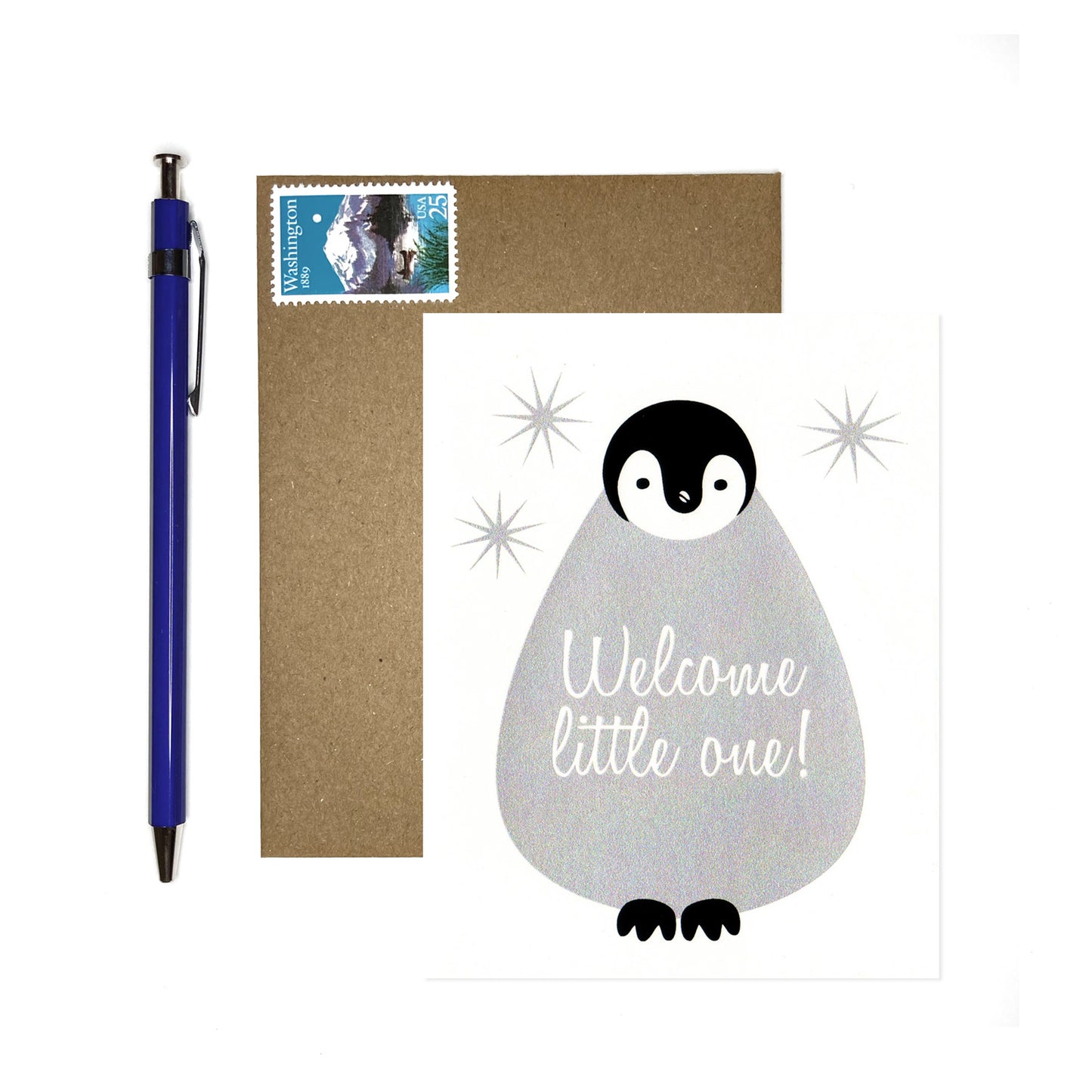 Welcome Little One -- Baby Penguin New Baby Screenprinted Card