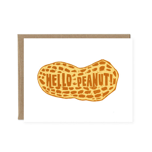 A cute hand-drawn peanut with the words "Hello Peanut!" in brown ink inside.