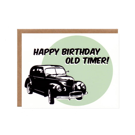 Happy Birthday Old Timer greeting card, with a picture of a black 1940s Ford