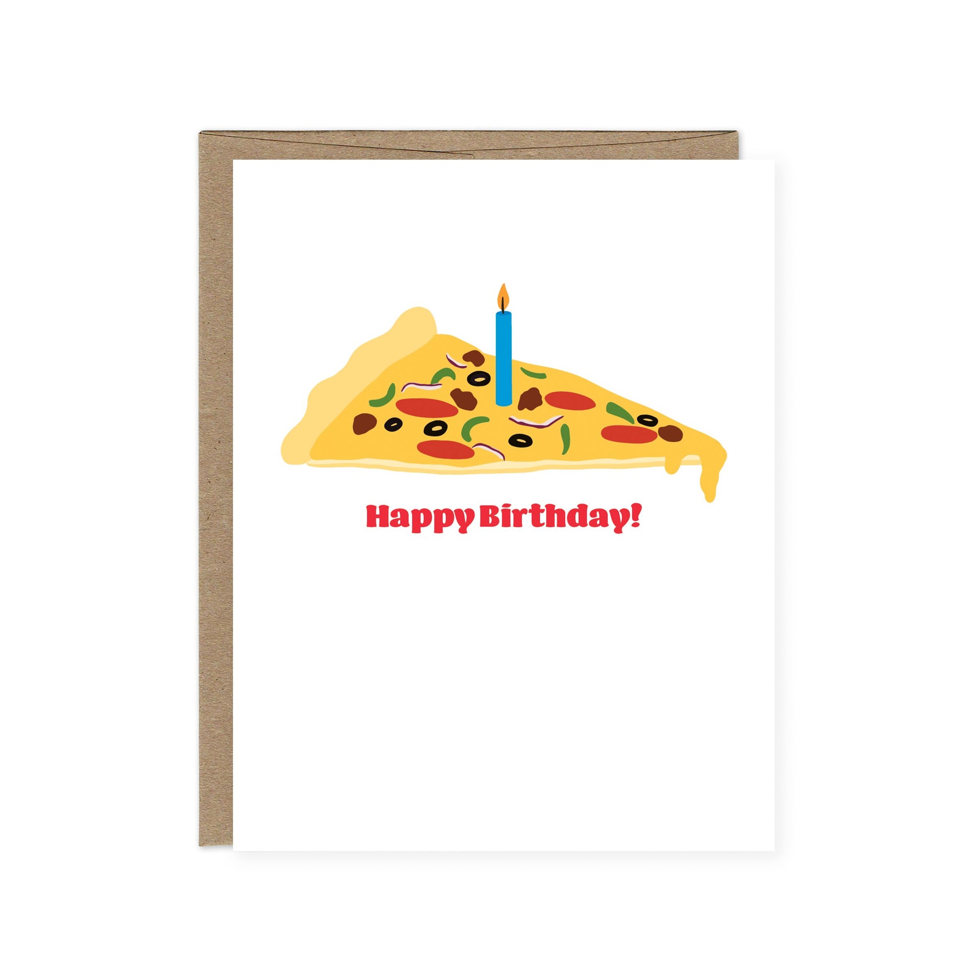 Illustrated supreme slice of pizza with a blue candle and "Happy Birthday!" in red text